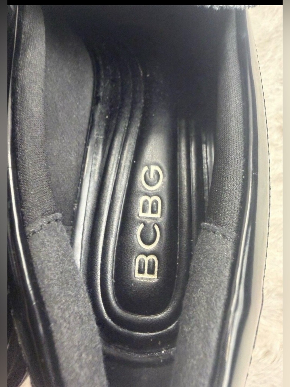 BCBG Black Patent Leather Laney Lug Penny Loafers with Gold Vamp Buckle Preppy - Picture 8 of 16
